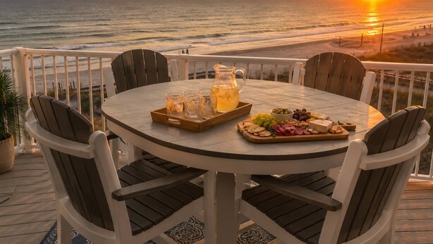 A round table with chairs on a deck, overlooking the ocean at sunset. - Beach Front Family Friendly Sleeps 8 3pools Seaview Resort (Orange Beach)