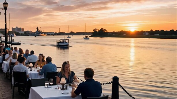 A waterfront restaurant with tables and chairs, a view of the water, and a sunset in the background. - Modern 2-Bedroom Apartment with Private Pool and Balcony in Wilmington (Wilmington)