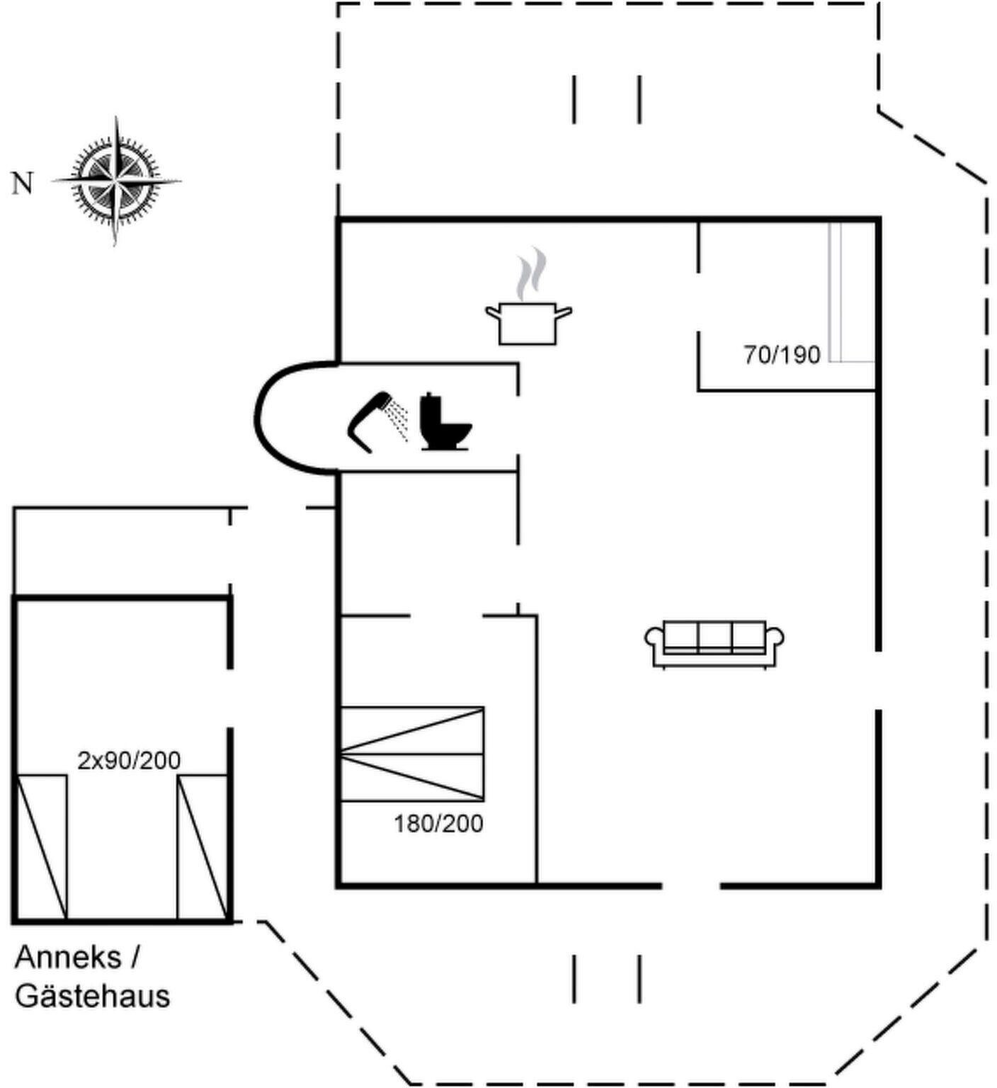 A floor plan with a kitchenette, a bathroom, and a seating area.