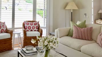 TV, fireplace, books, stereo