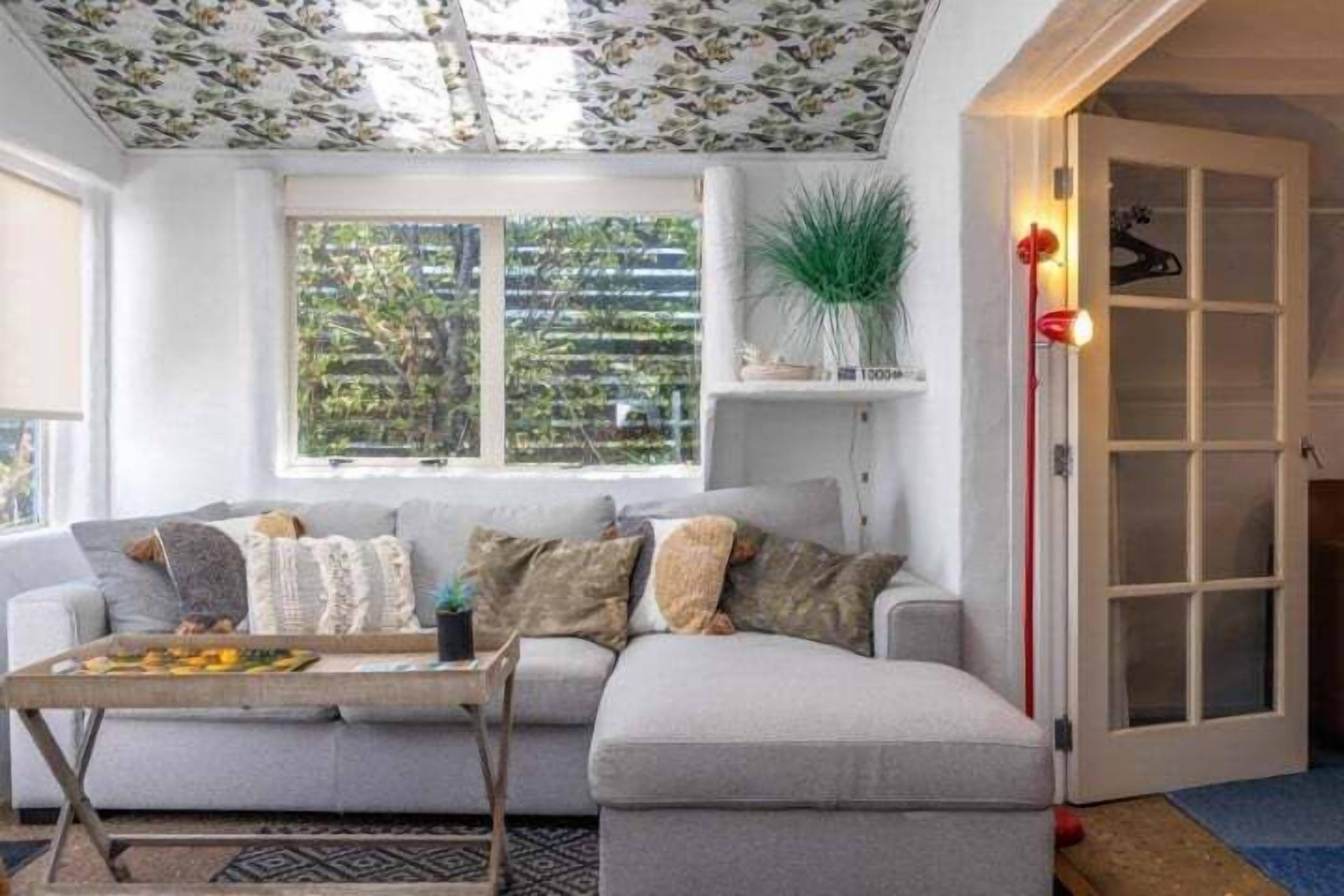 A living room with a sofa, a coffee table, a plant, and a door with a light fixture.