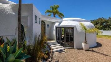 A modern house with a unique spherical structure, a stone staircase, and a potted plant.