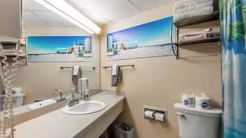 Hair dryer, towels, soap, toilet paper