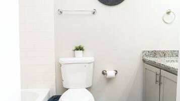 Hair dryer, towels, soap, toilet paper