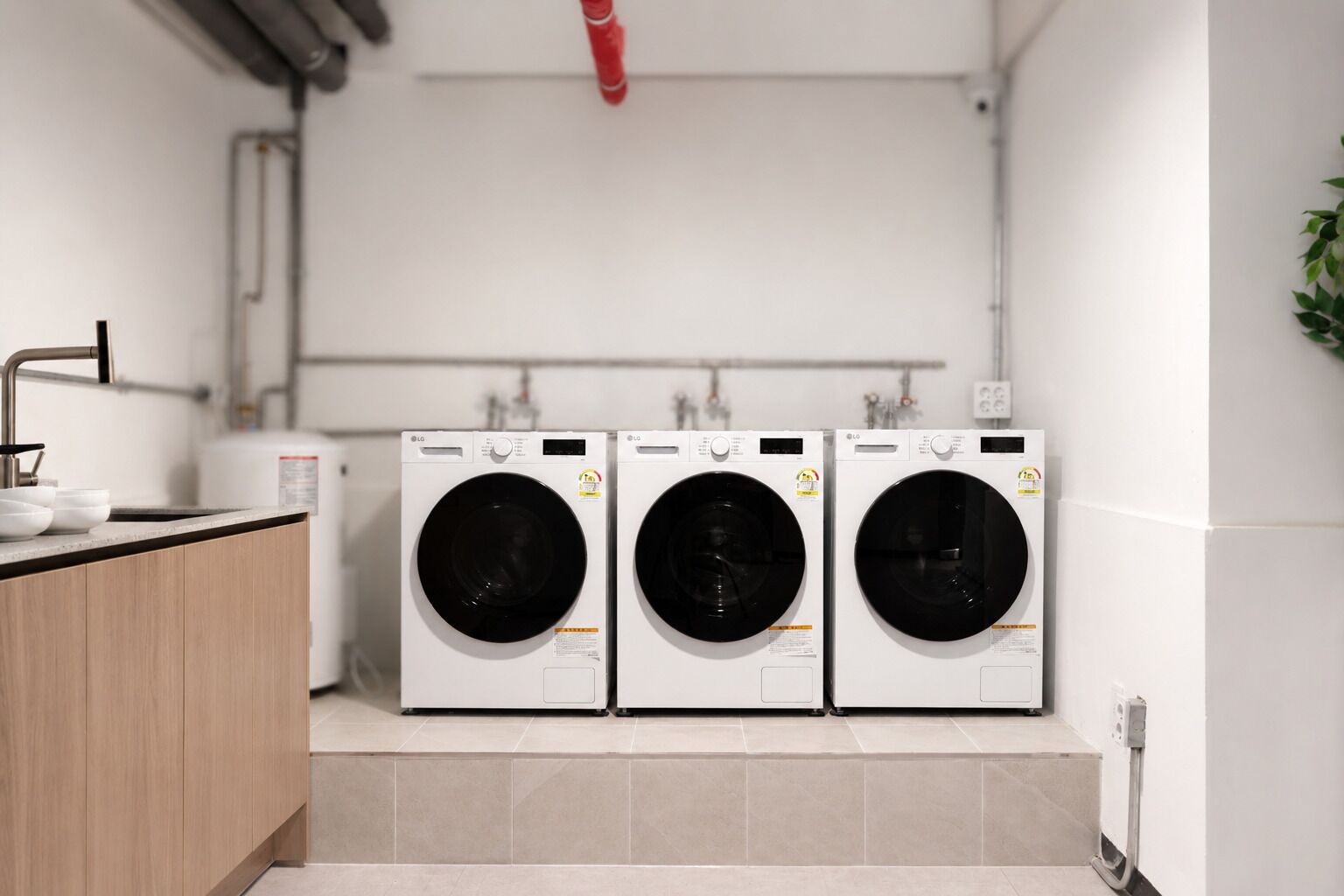 Un área de lavandería con tres lavadoras blancas LG, un mueble de madera y piso de baldosas.
