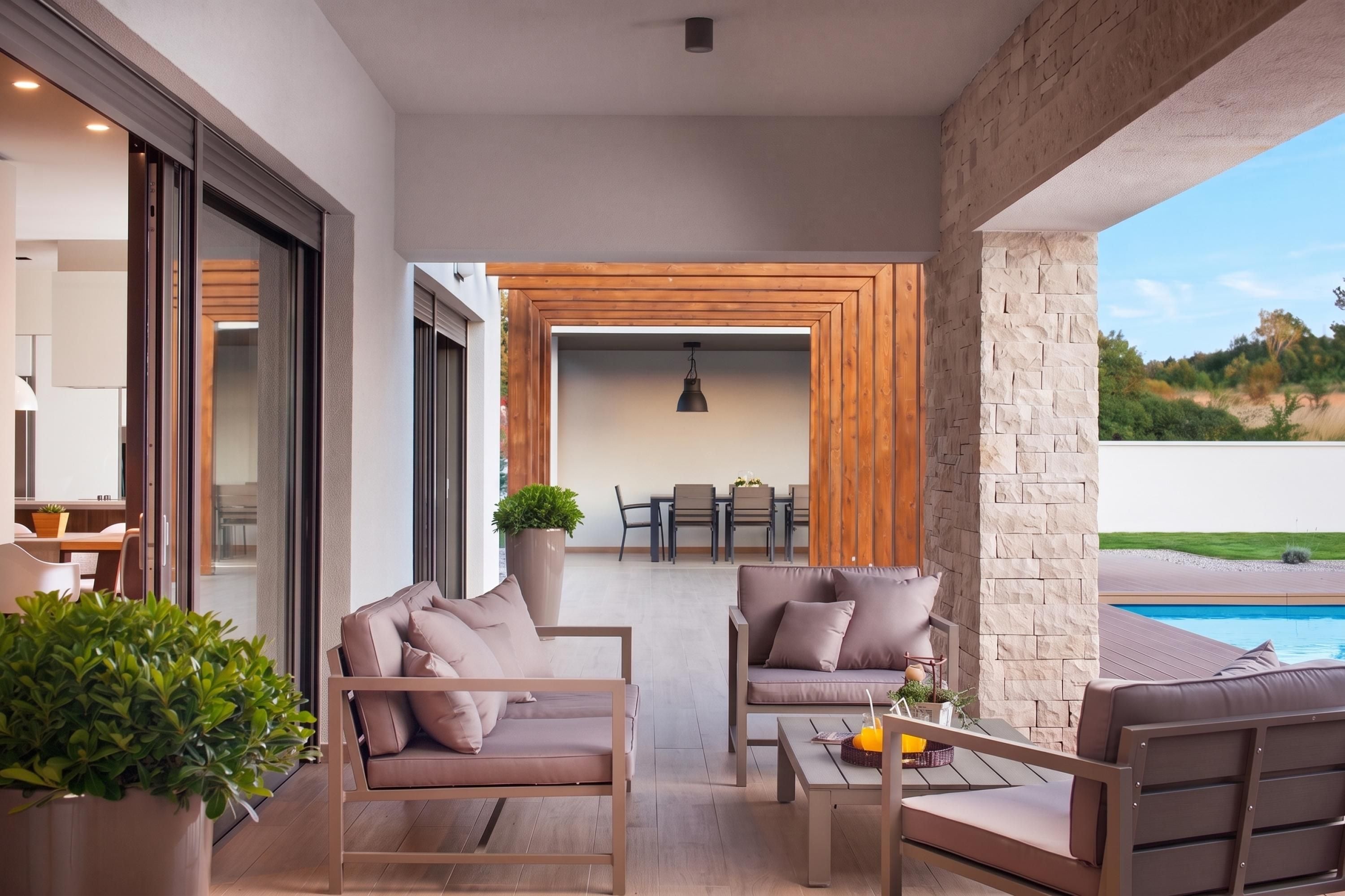 Un espace extérieur moderne avec deux canapés et une table, un coin repas à l’arrière-plan et une vue sur la piscine.