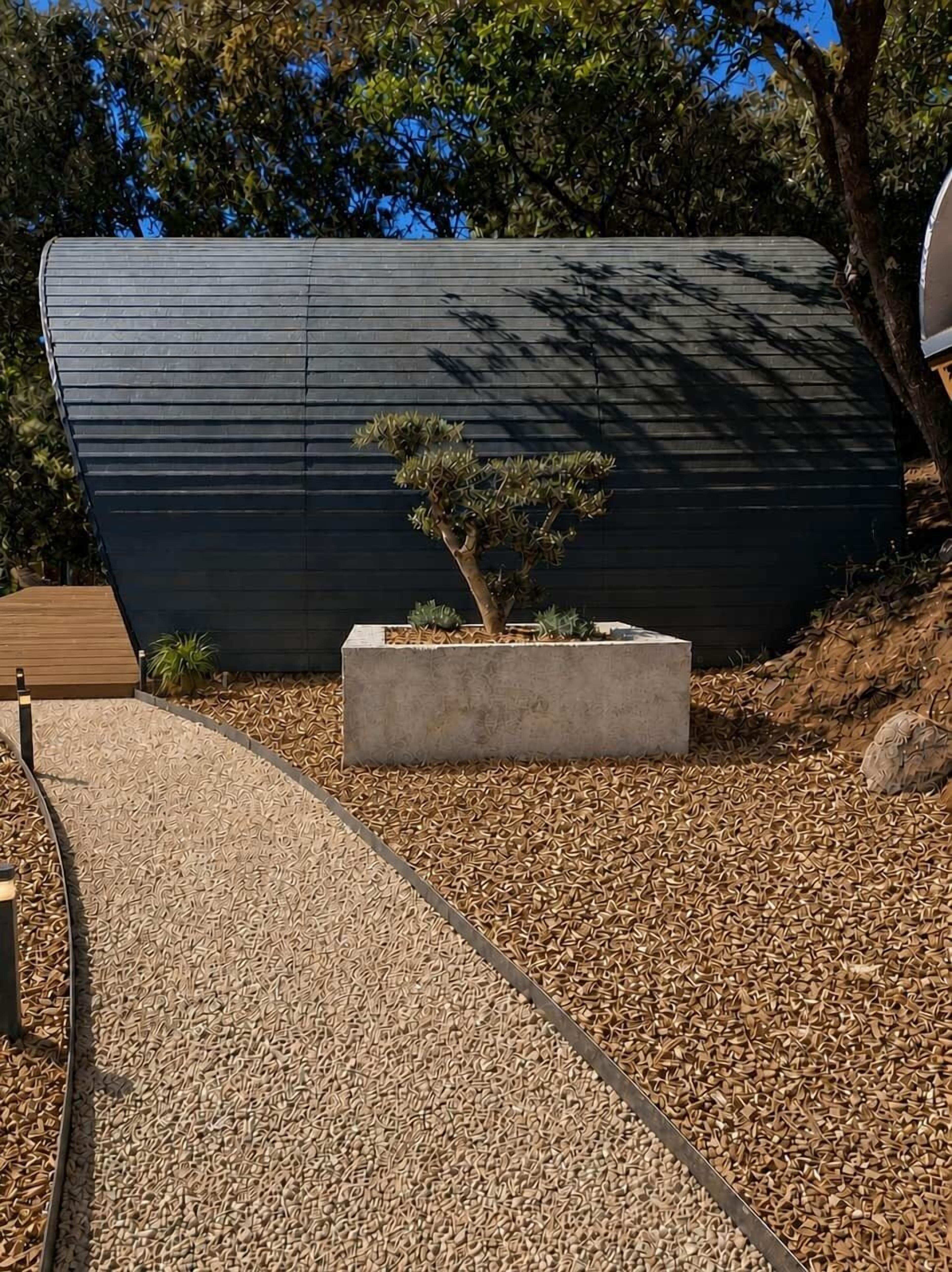 A modern building with a unique curved design, a small tree in a planter, and a gravel pathway.