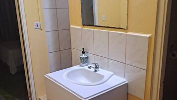 Regadera, toallas, jabón, papel de baño