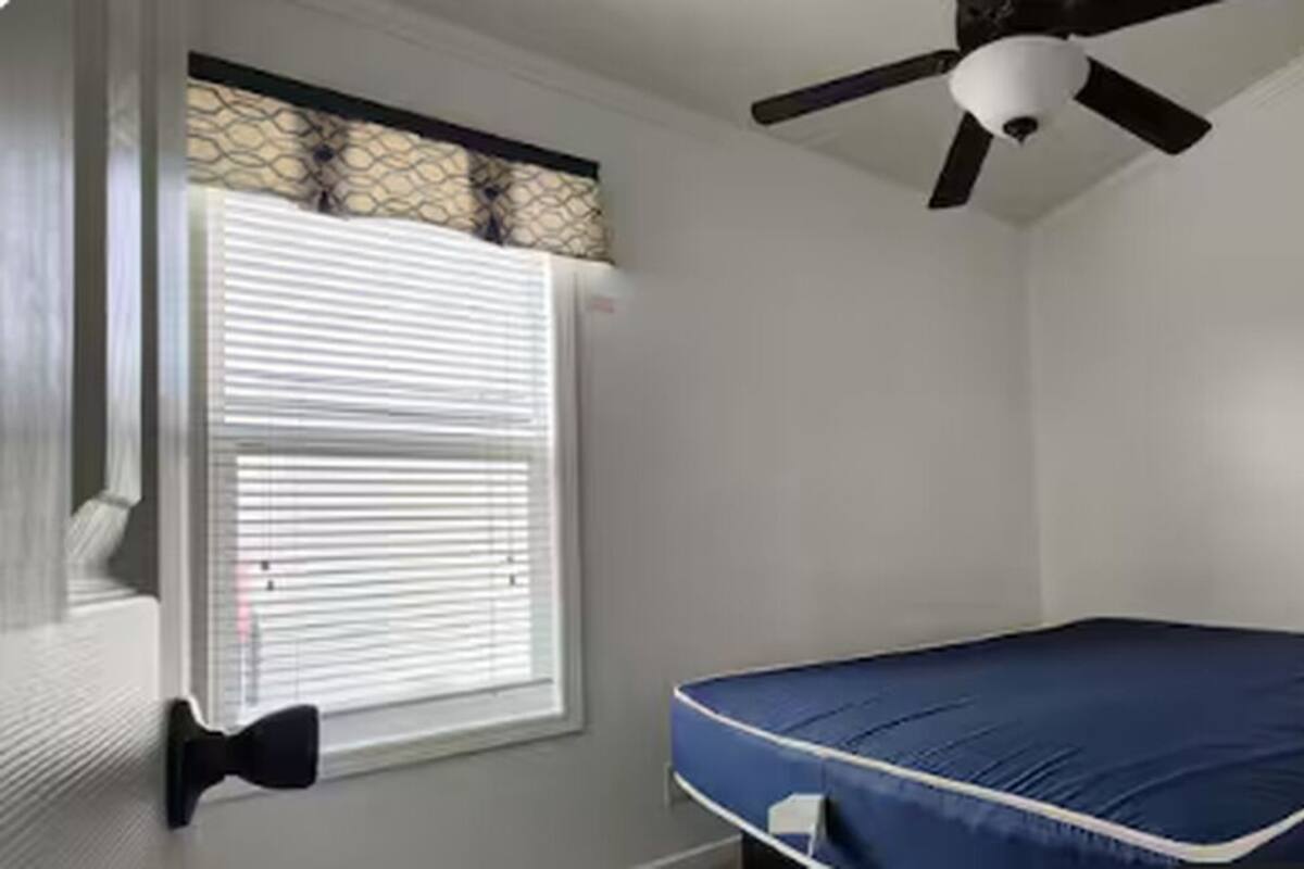 A bedroom with a single bed, a ceiling fan, a window with blinds, and a door with a black handle.