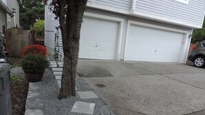 Une allée menant à une maison, avec un arbre, un pot de fleurs aux fleurs rouges et une porte de garage.