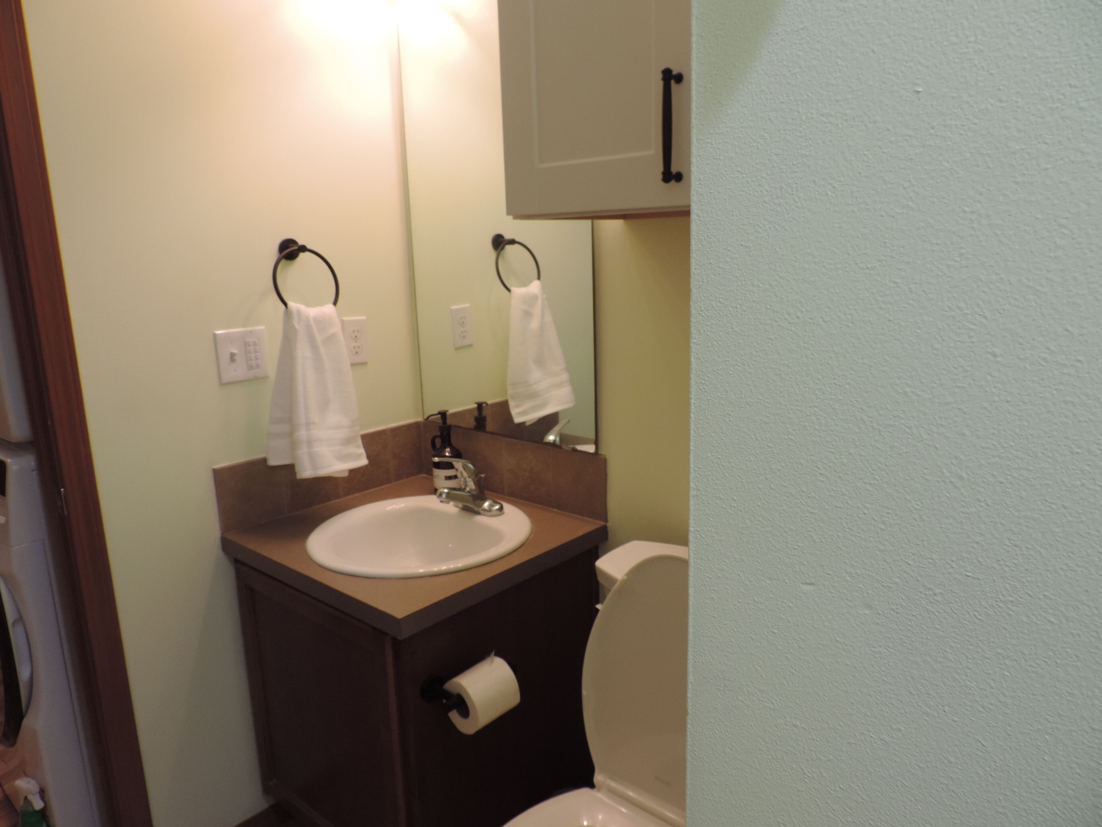 A bathroom with a sink, toilet, and a mirror.