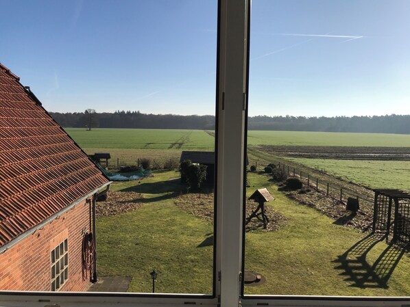Blick aus einem Fenster auf ein grĂŒnes Feld, ein Backsteinhaus und einen klaren Himmel.