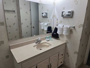 Dusche, Haartrockner, Handtücher, Shampoo