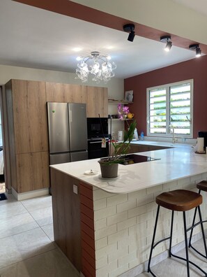 Una cocina moderna con una isla central, armarios de madera, electrodomésticos de acero inoxidable y una planta en maceta.
