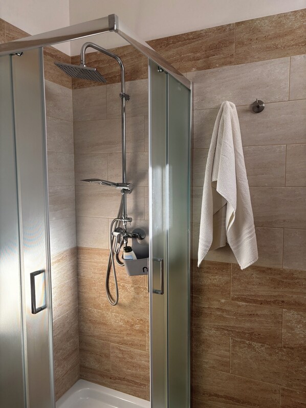 Shower, hair dryer, bidet, towels