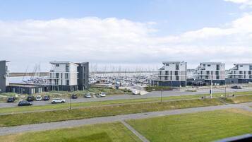 A marina with modern buildings, a parking area, and a grassy foreground.