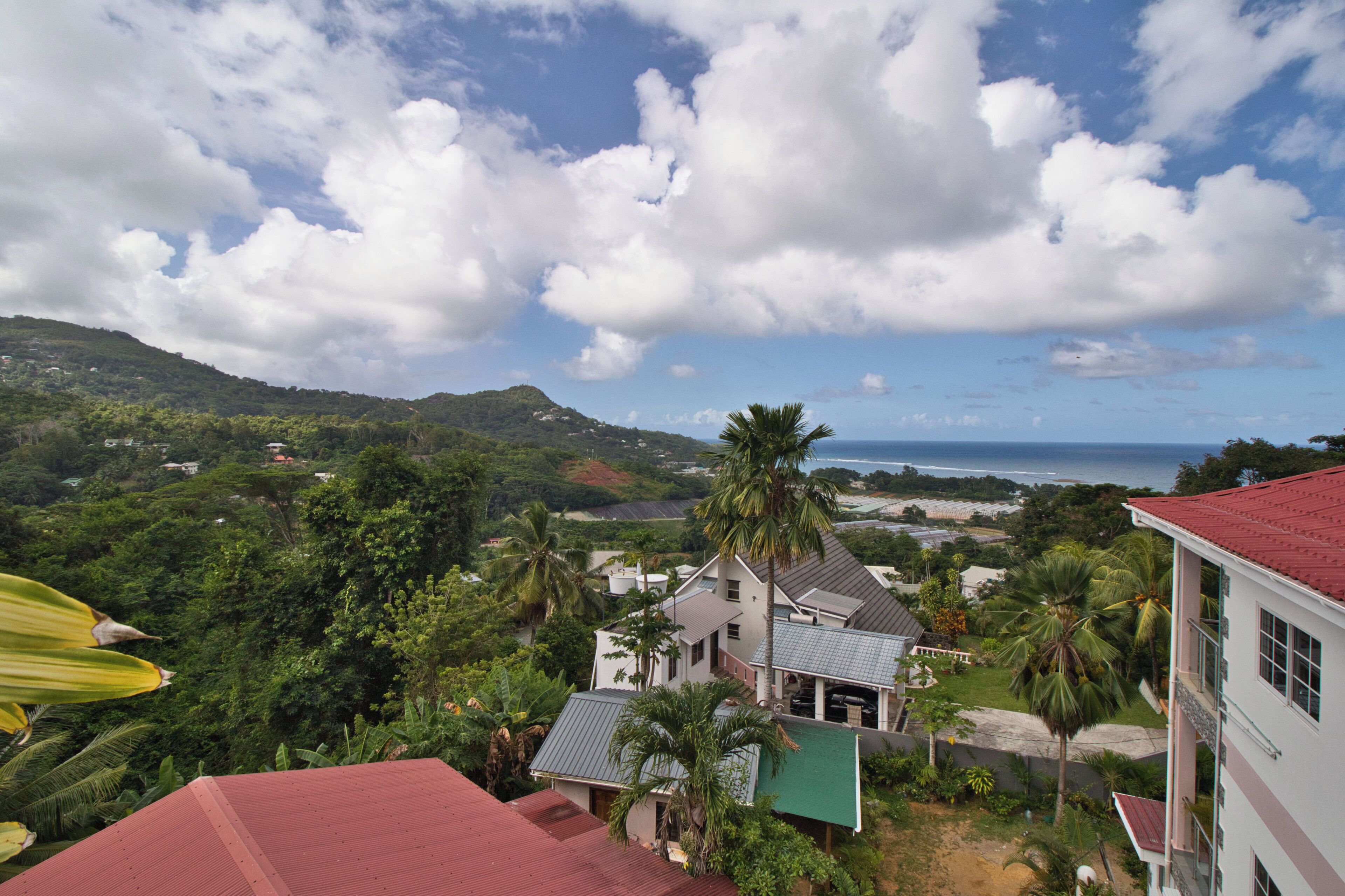 A coastal house with a red roof, surrounded by lush greenery and a view of the ocean.