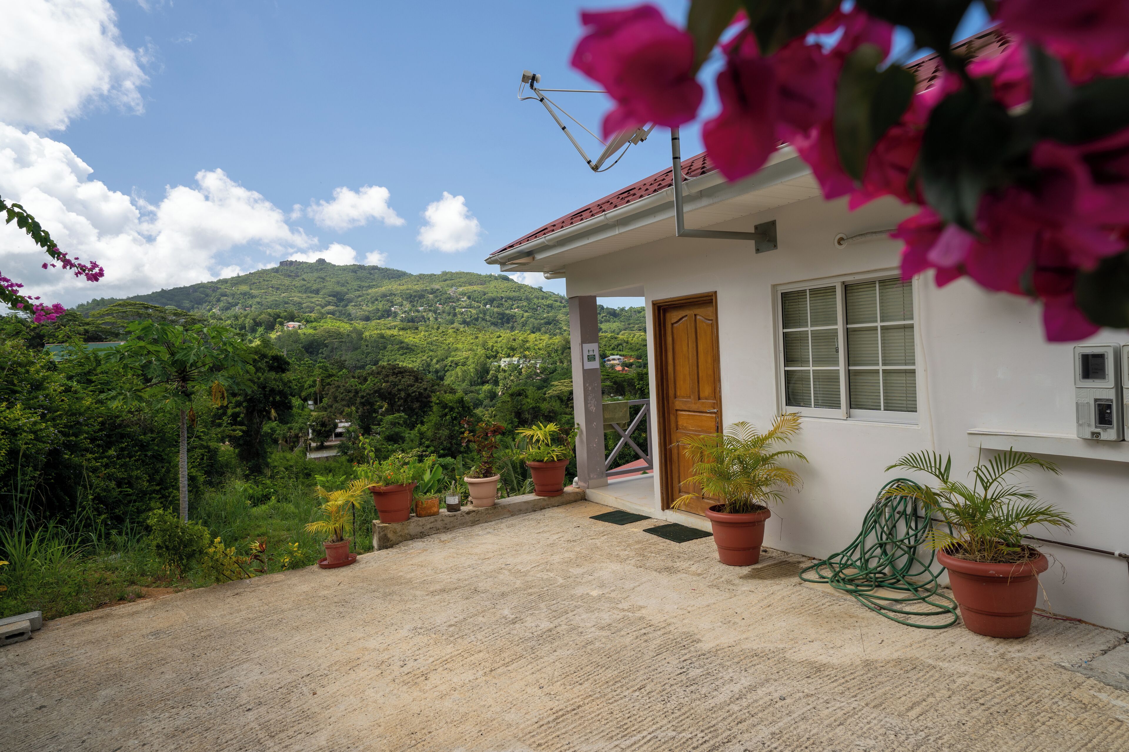 Une maison avec une porte en bois, des plantes en pot et une vue sur une colline verdoyante.