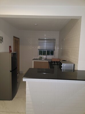 Departamento, vista al mar | Cocina privada | Refrigerador con congelador, microondas, horno y parrilla de estufa 