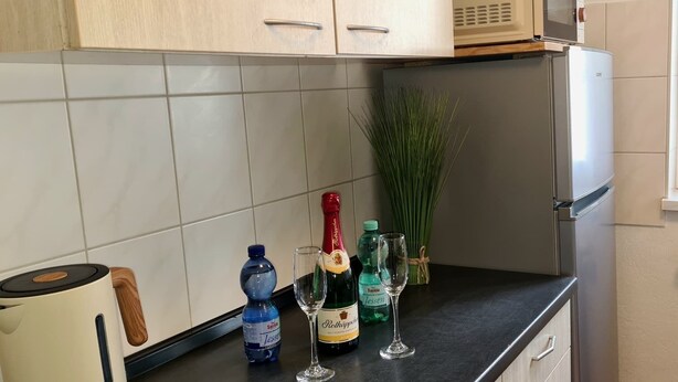 Une cuisine équipée d’un four à micro-ondes, d’un réfrigérateur, d’une bouteille d’eau, d’une bouteille d’alcool, d’un verre et d’un bouquet de plantes vertes.