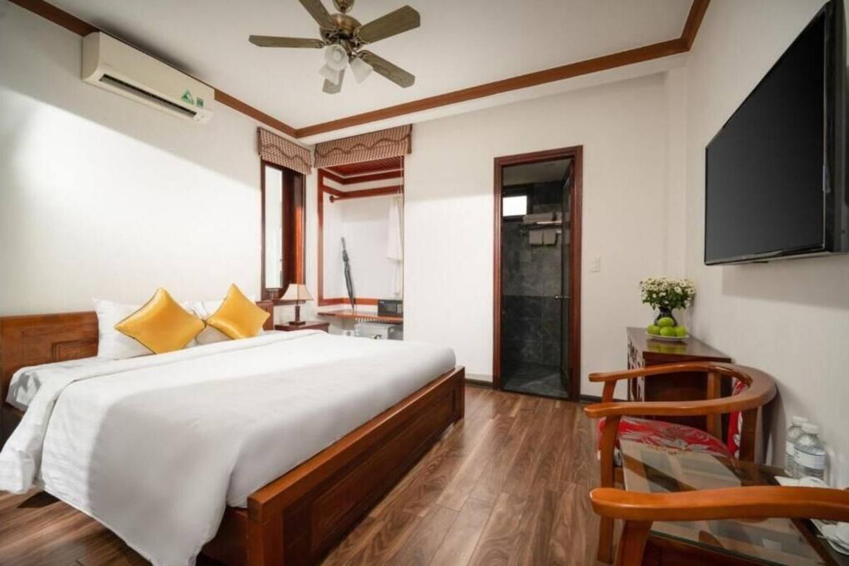Hotelkamer met een bed, plafondventilator, televisie, klein tafeltje met een vaas, en een douchehoek.