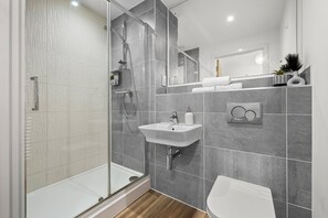 Hair dryer, towels, soap, shampoo