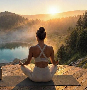 A person meditating on a wooden deck with a view of a lake and mountains. - Kulm Vitalonga (Leskovik)