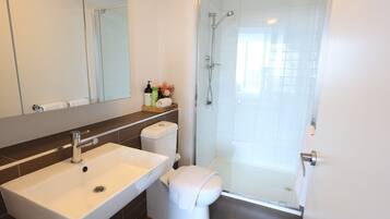 Hair dryer, towels, soap, toilet paper