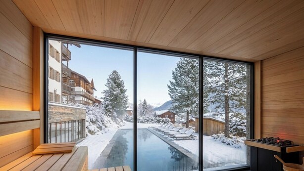 A modern sauna room with a large window overlooking a snowy landscape and a pool. - VAYA Post Montafon (Gaschurn)