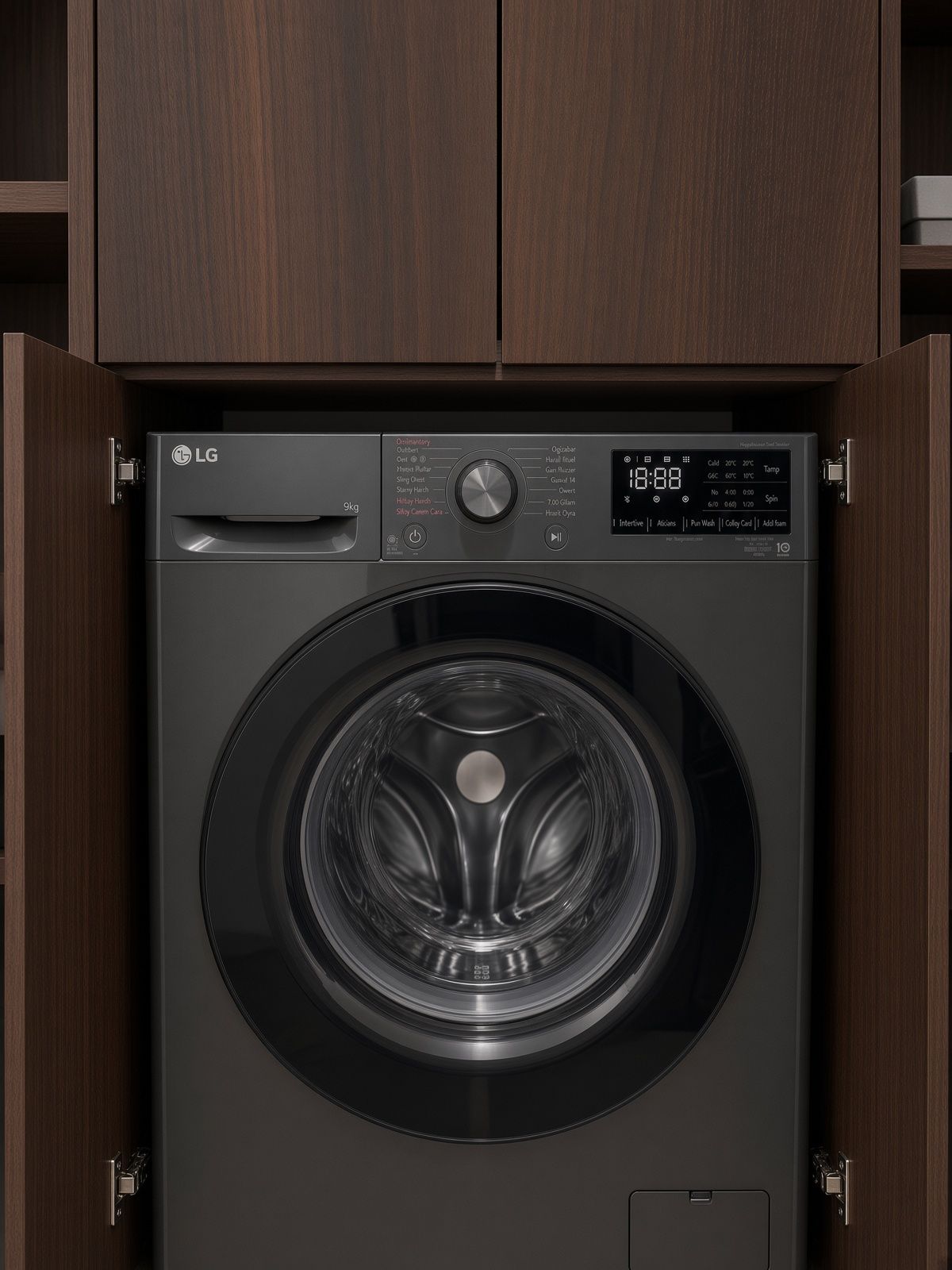 Vue de face d’un lave-linge LG doté d’un écran numérique, d’un panneau de commande et d’une porte transparente.