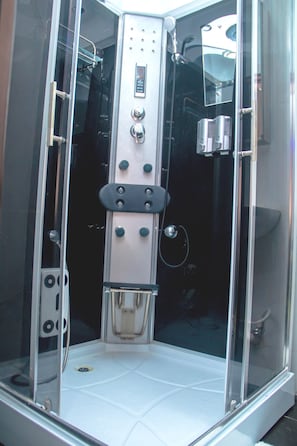 Shower, hair dryer, bidet, towels