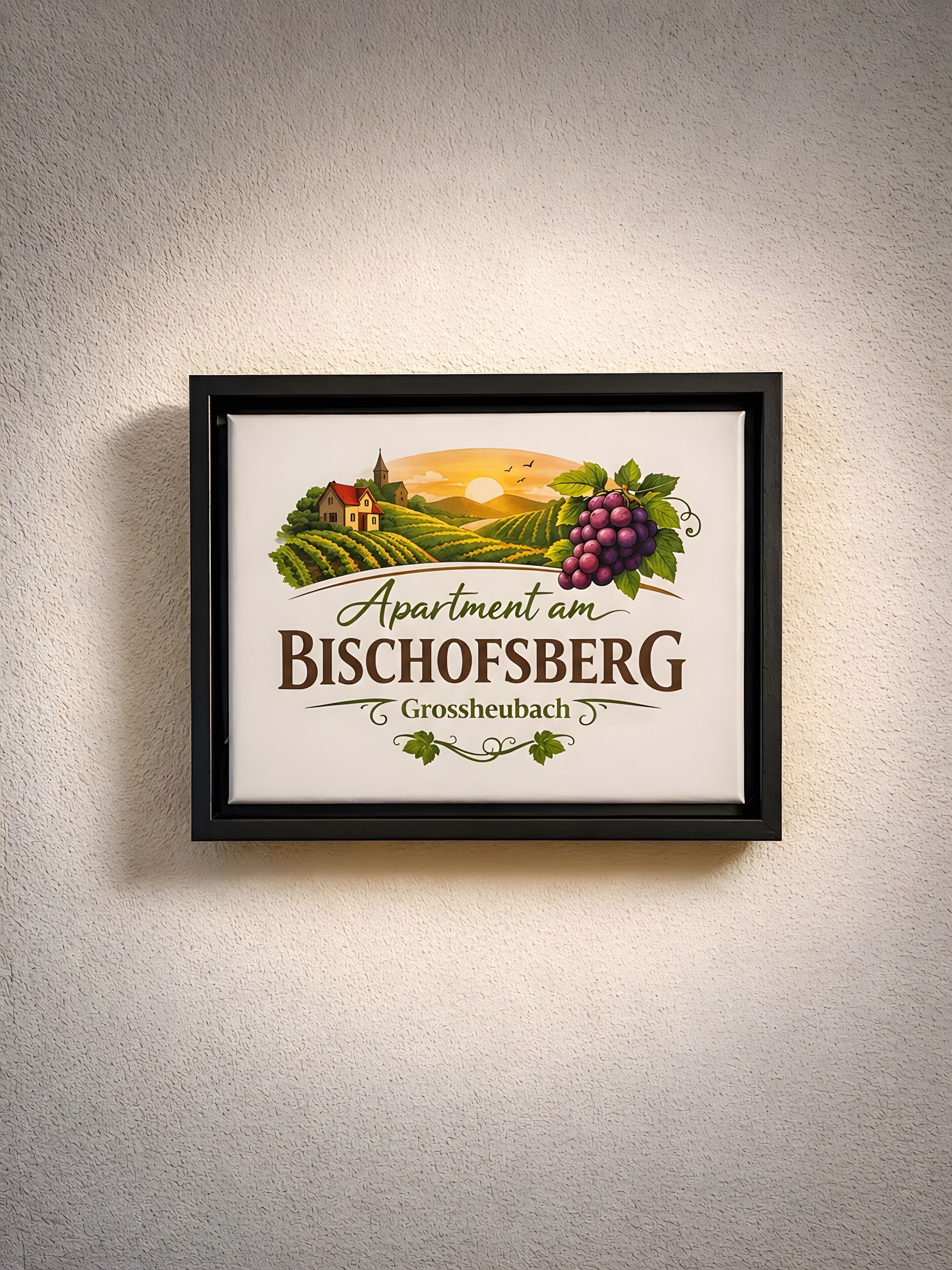 Un cartel enmarcado con una escena de viñedo y el texto 'Apartment am BISCHOFSBERG Grossheubach'.