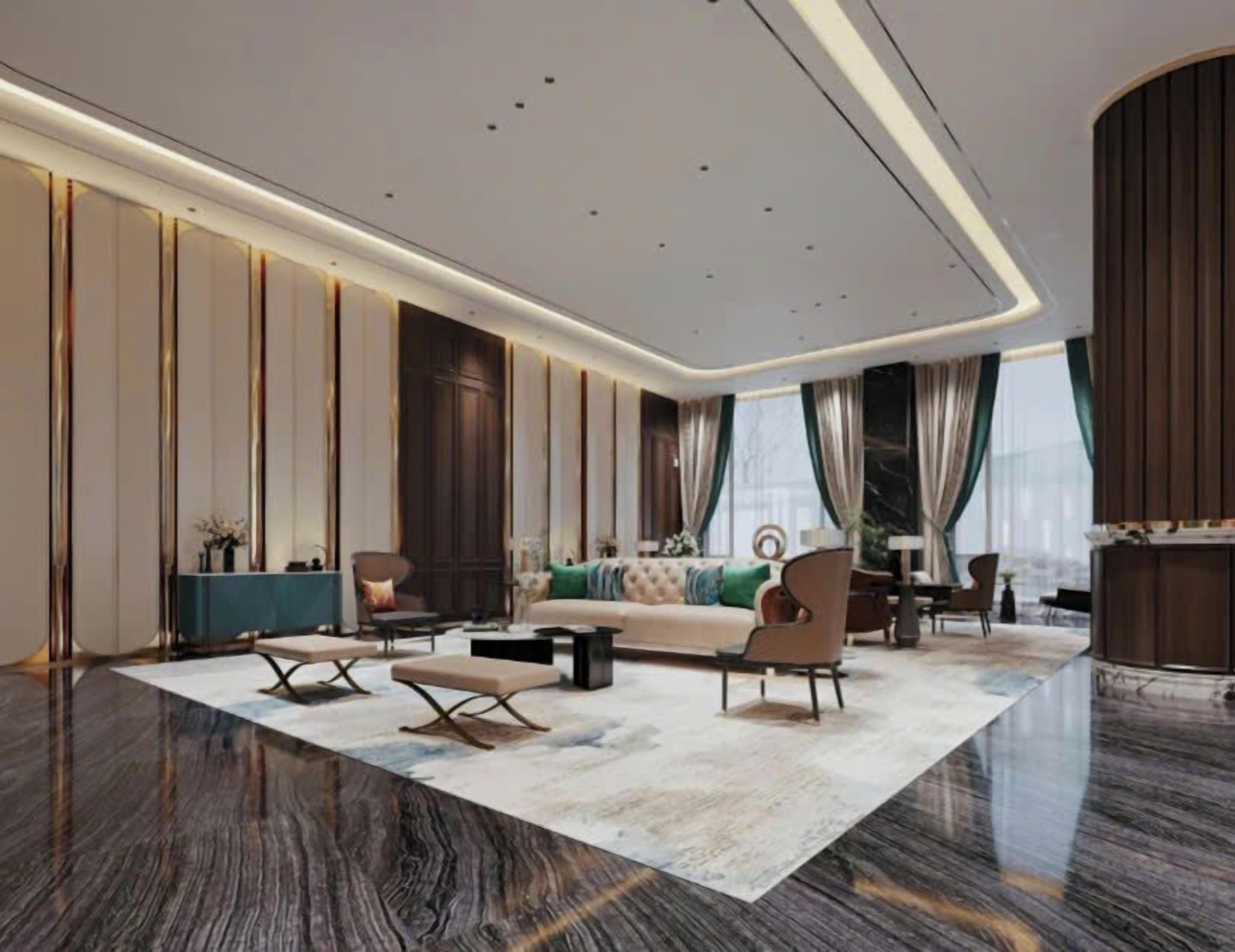 A spacious living room with a large sofa, armchairs, and a coffee table, featuring a marble floor and a view of the city through large windows.