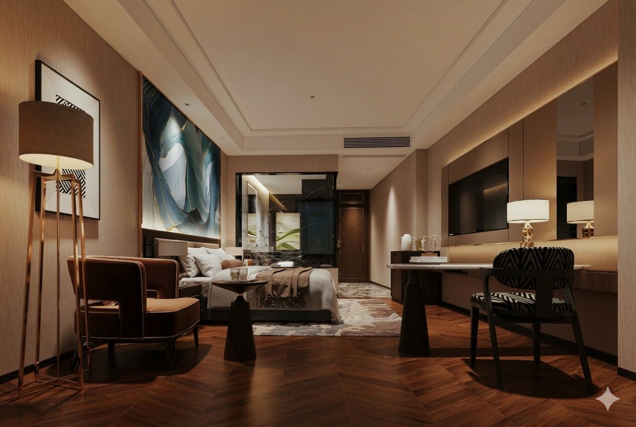 A modern hotel room with a bed, a desk, a chair, and a large abstract painting on the wall.