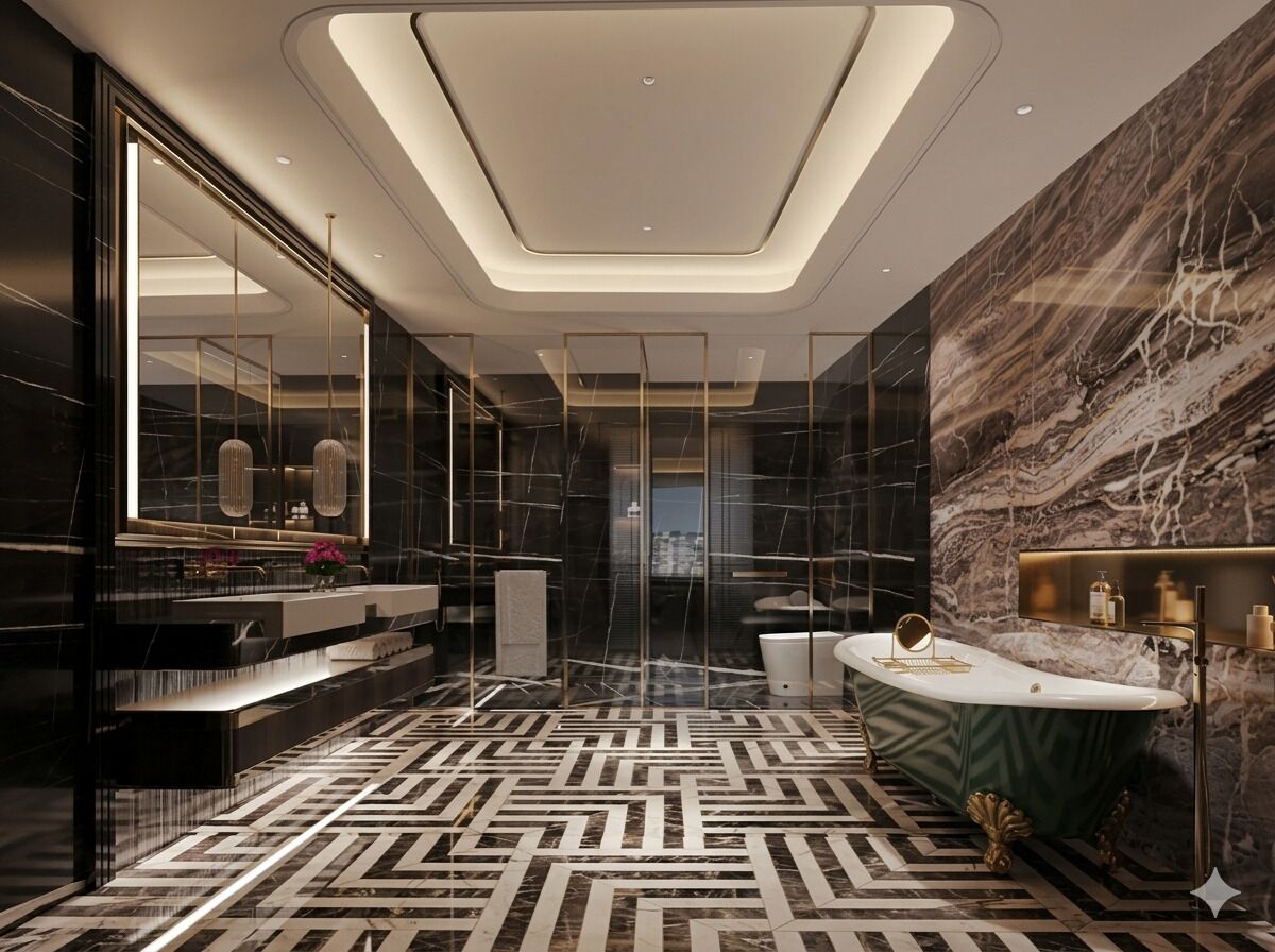 A modern bathroom with a marble wall, a freestanding bathtub, and a geometric patterned floor.