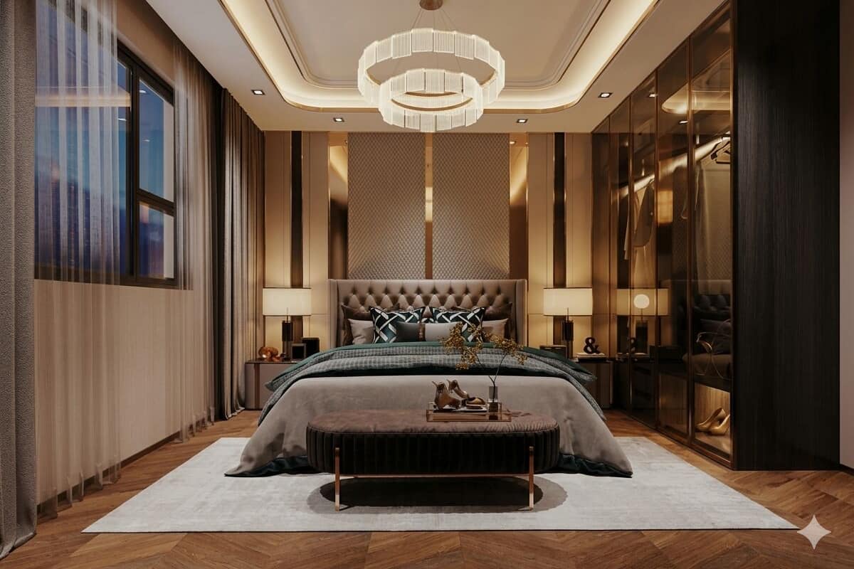 A modern bedroom with a tufted headboard, a large bed, bedside lamps, a wooden floor, and a large window with curtains.