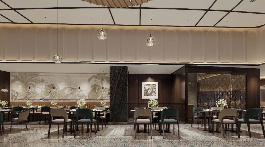 A hotel dining area with multiple tables and chairs, a large mural on the wall, and hanging pendant lights.