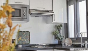 Réfrigérateur, micro-ondes, plaque de cuisson, cafetière/bouilloire