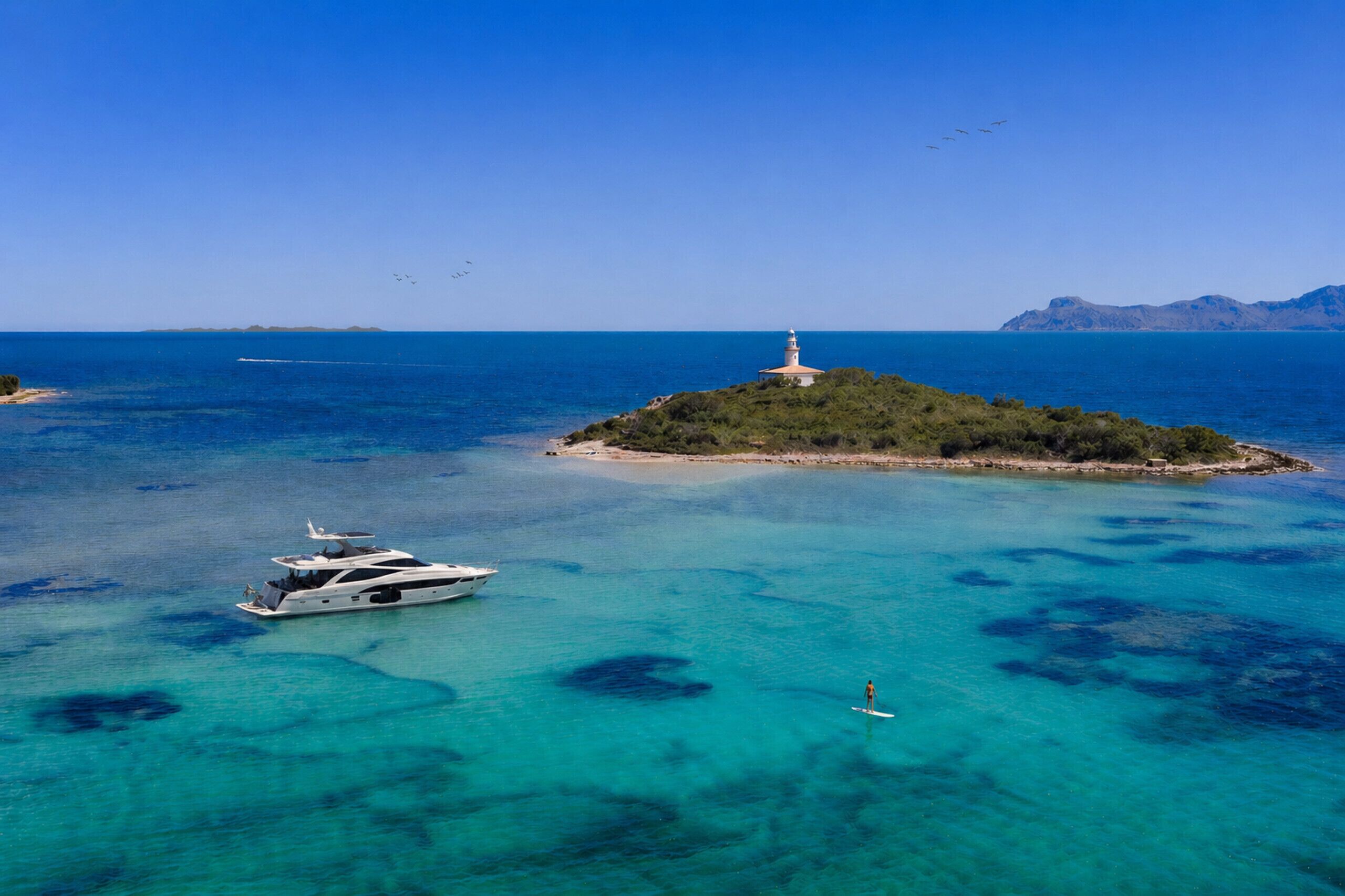 A coastal scene with a lighthouse on an island, a yacht, and clear blue waters.