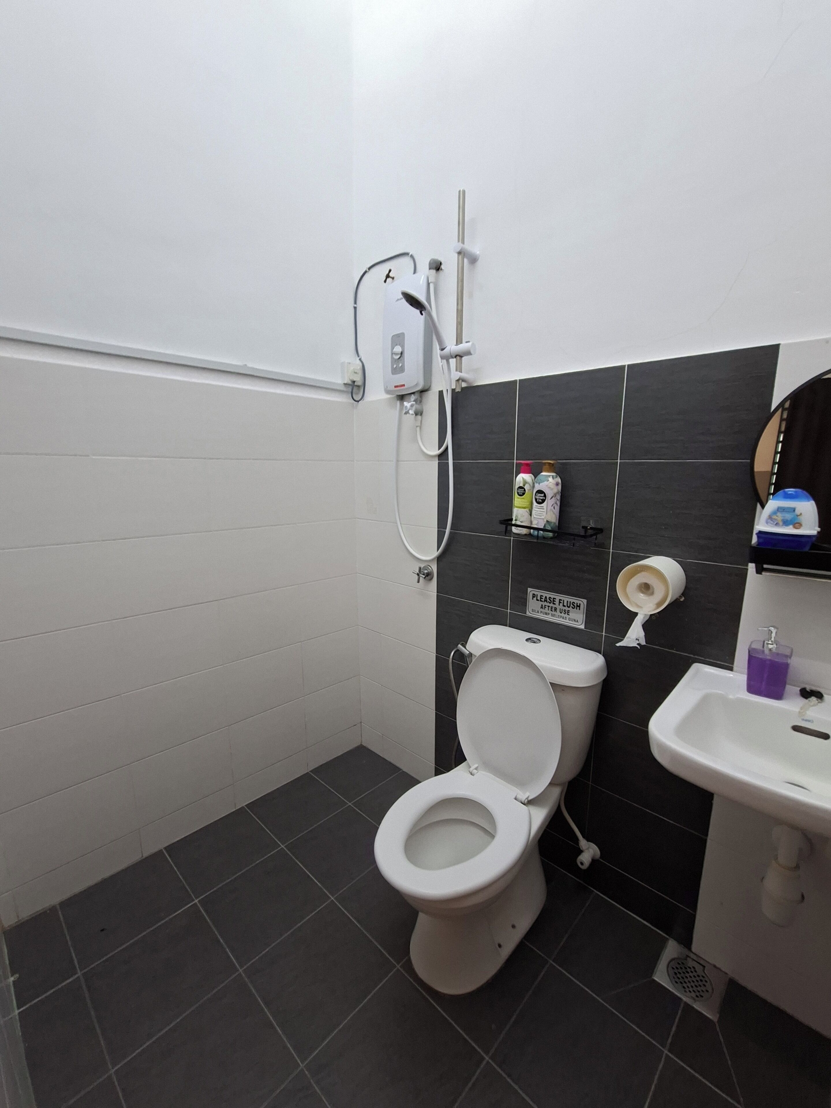 A bathroom with a toilet, a shower, a sink, and a toilet paper dispenser.