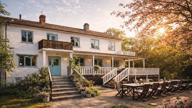 A two-story house with a porch, outdoor seating, and a garden. - Gåsen Out B&B (Burgsvik)