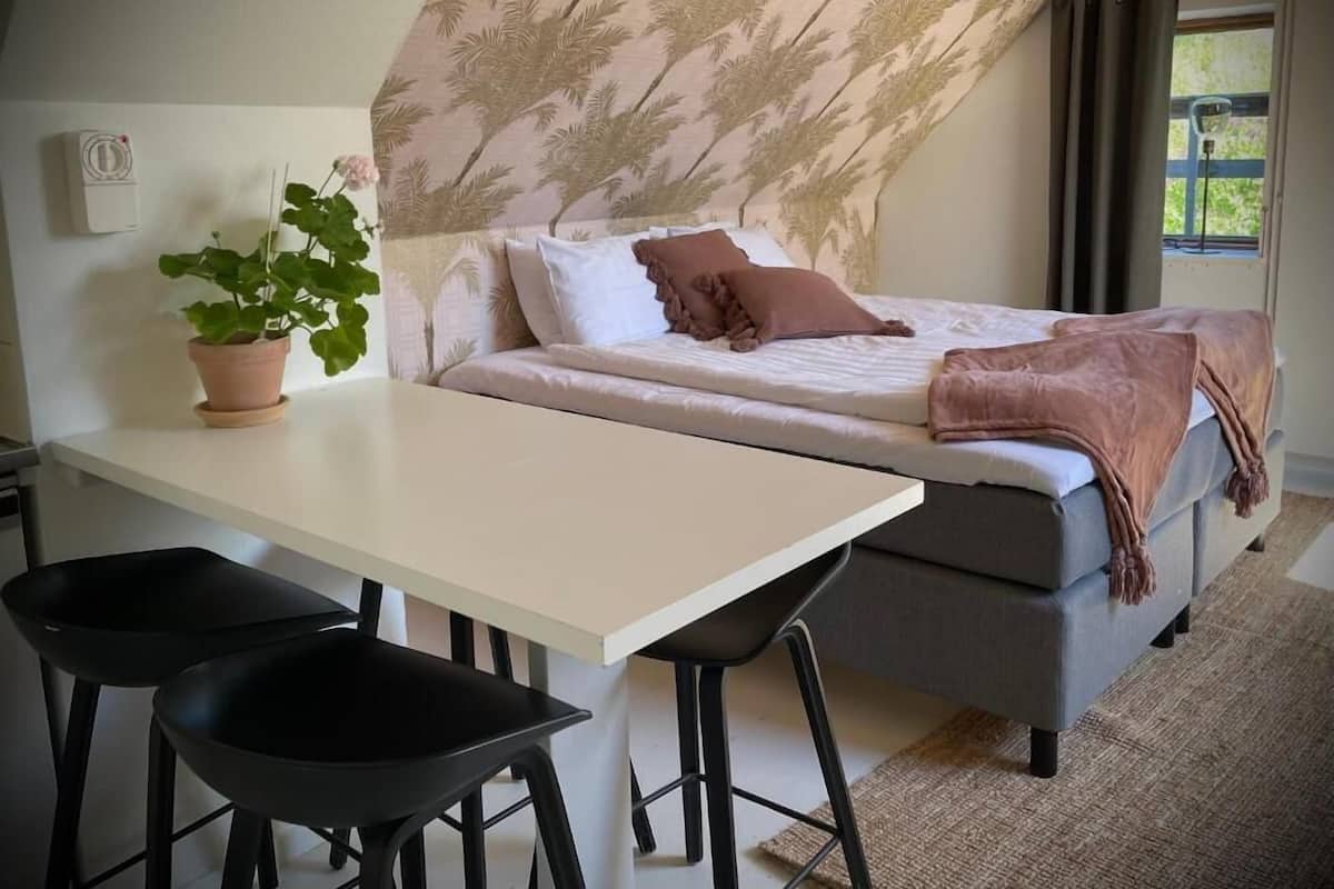 A bedroom with a bed, a desk, two chairs, a potted plant, and a window with curtains.