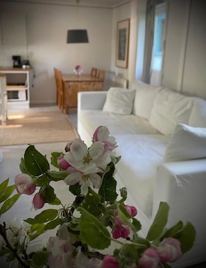 A living room with a white sofa, a dining table with chairs, and a kitchen area in the background.