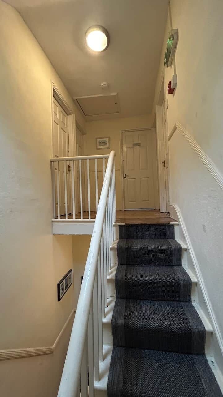 Un escalier avec une rampe blanche et des marches recouvertes d’une moquette sombre, menant à une porte.