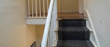 Un escalier avec une rampe blanche et des marches recouvertes d’une moquette sombre, menant à une porte.