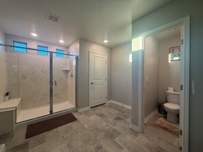 Hair dryer, towels, soap, toilet paper