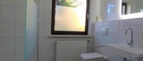 Shower, hair dryer, towels