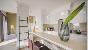 A modern kitchen with a central island, white cabinetry, and a large green plant.