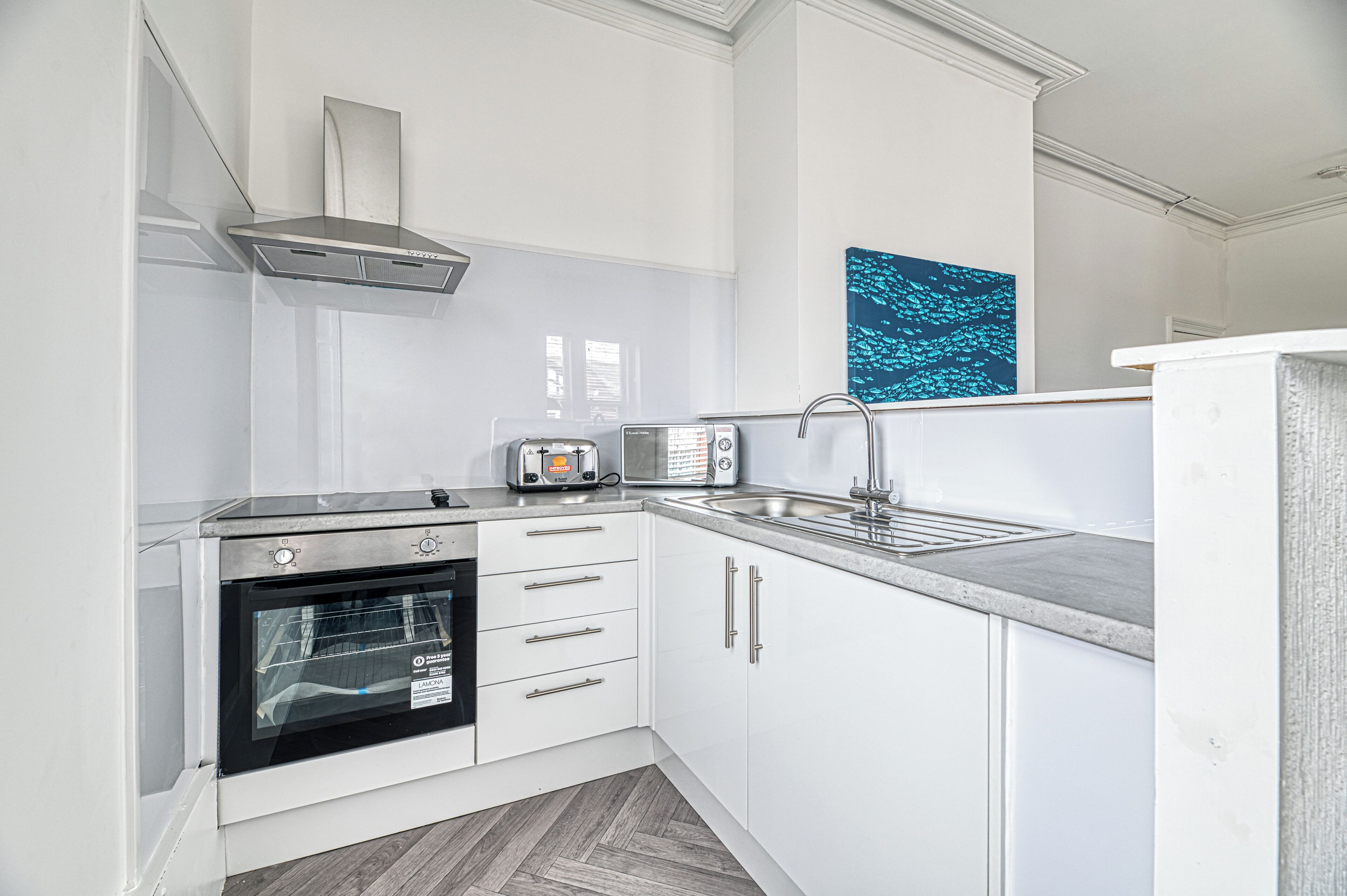 Fridge, microwave, electric kettle, toaster