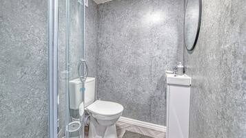 Shower, towels, toilet paper